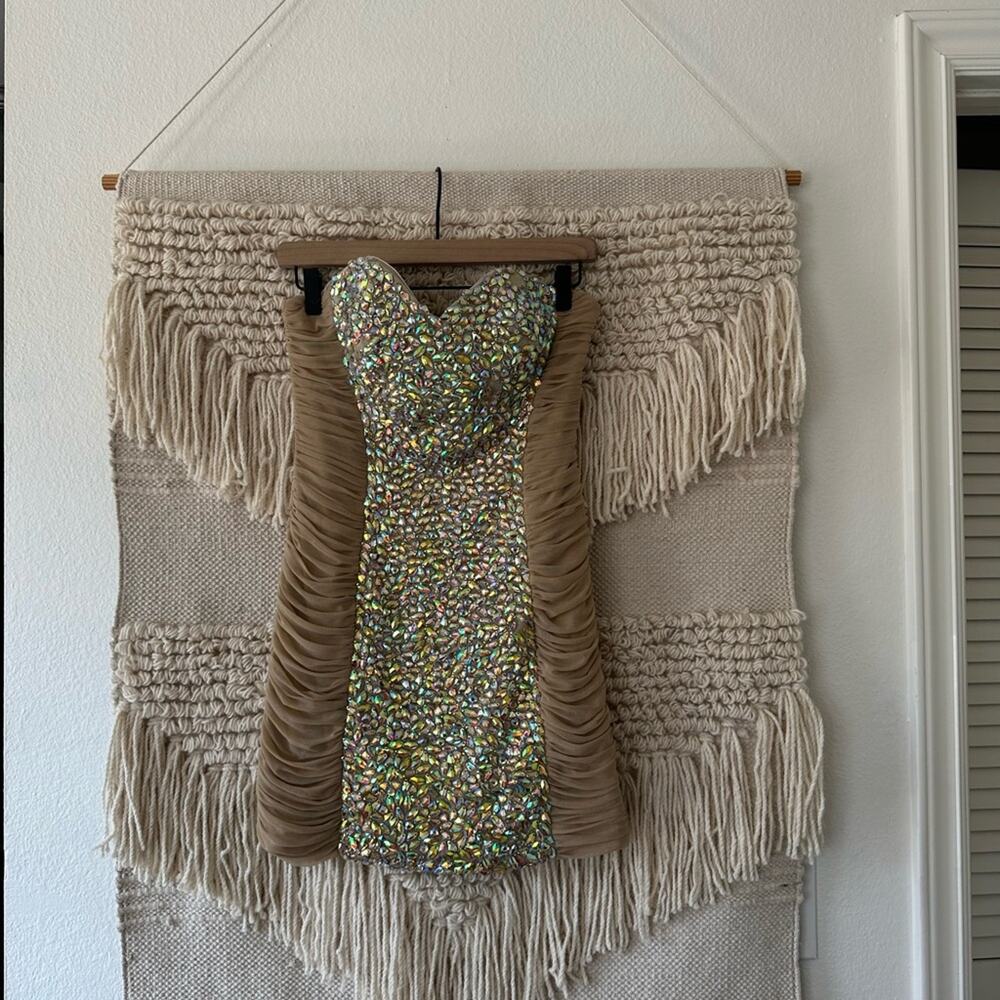 La Femme Jeweled Mini Strapless Dress